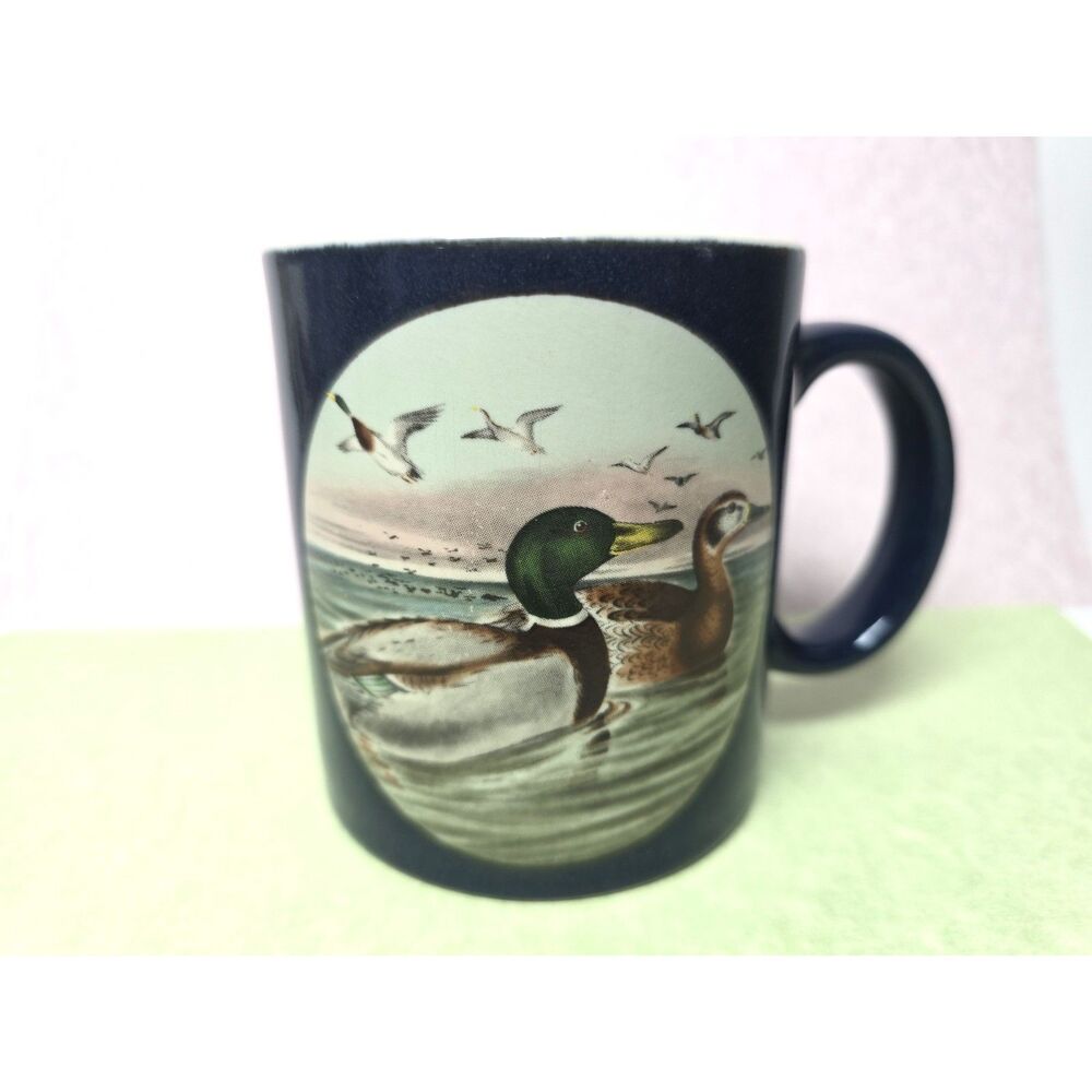 Vintage Otagiri Japan Coffee Mug Mallard Ducks Navy Blue Collectible Cup